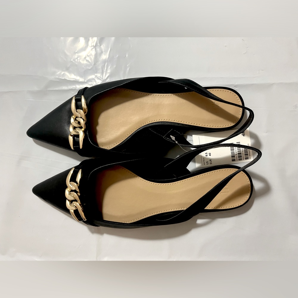 Black Chain-Detail Slingback Flat Loafers